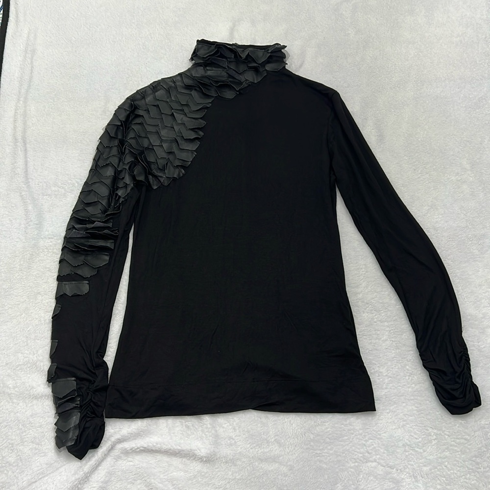 Women’s CQbyCQ Black Turtleneck with Faux Leather Scales/Ruffles Size M